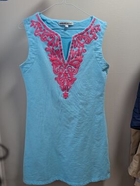 Barbara Gerwit Turquoise Sleeveless Dress with Pink Embroidery